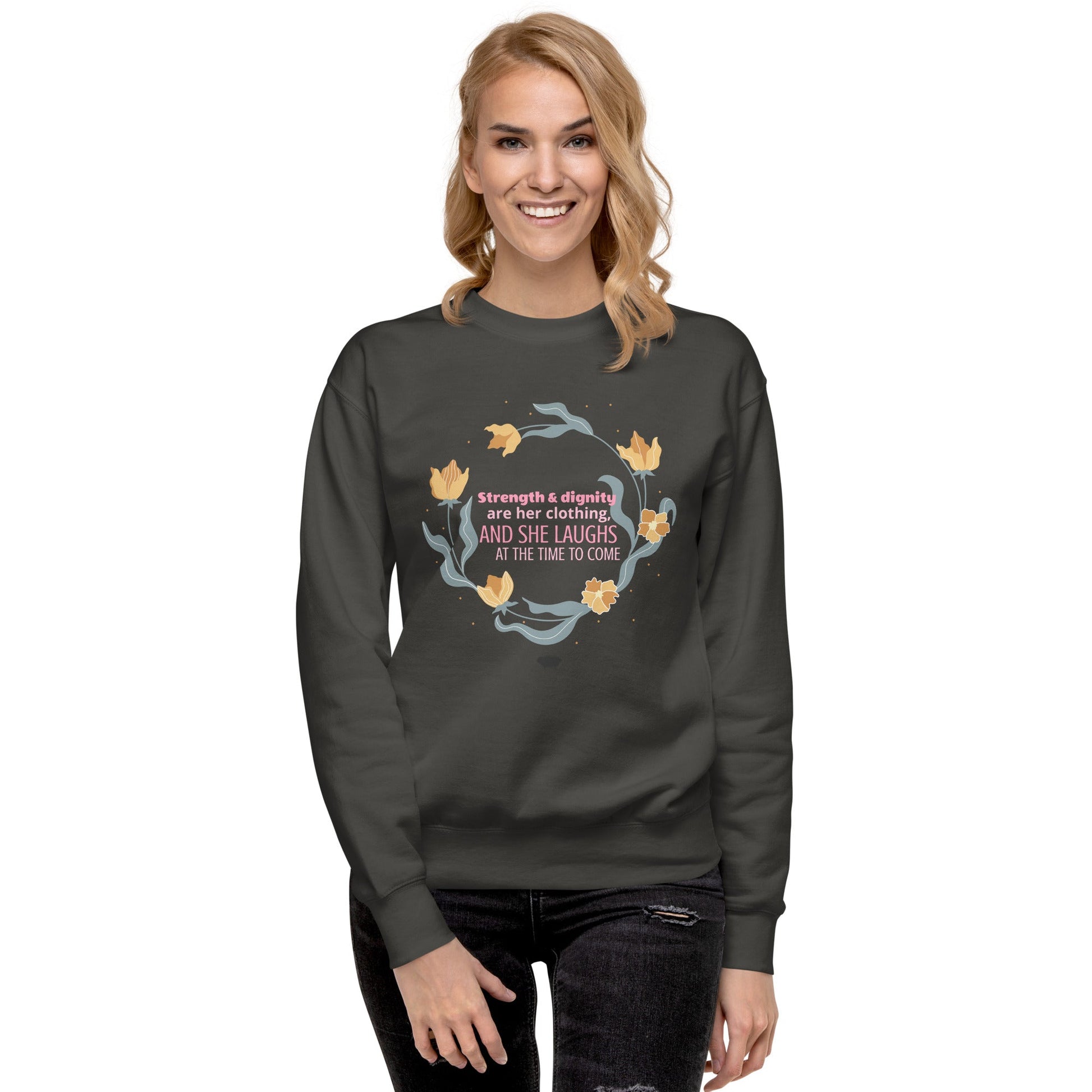 Proverbs 31:25 Premium Sweatshirt - Valiant Sheep