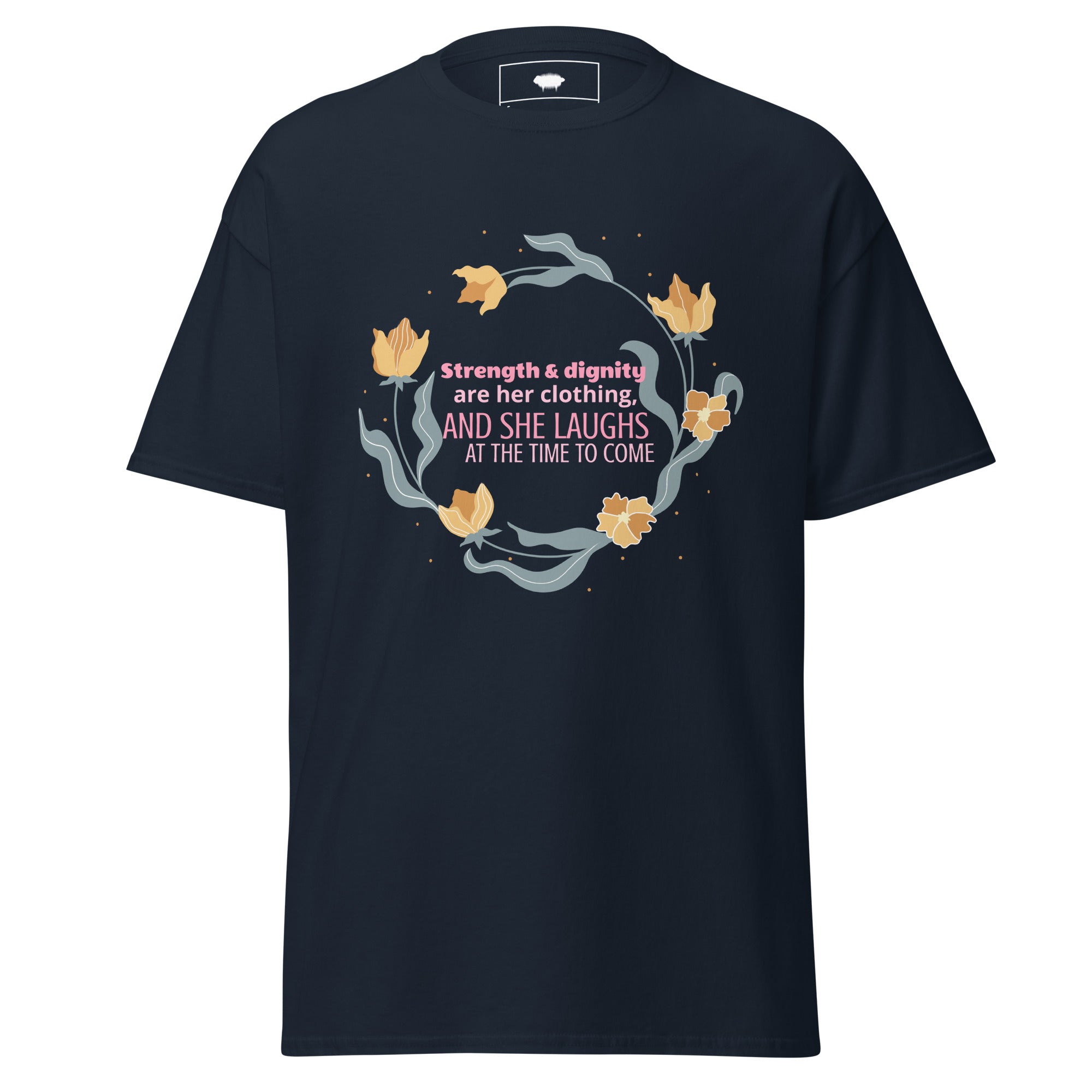 Unisex Classic Tee - Proverbs 31:25 "Strength & Dignity Are Her Clothing" Navy - Valiant Sheep