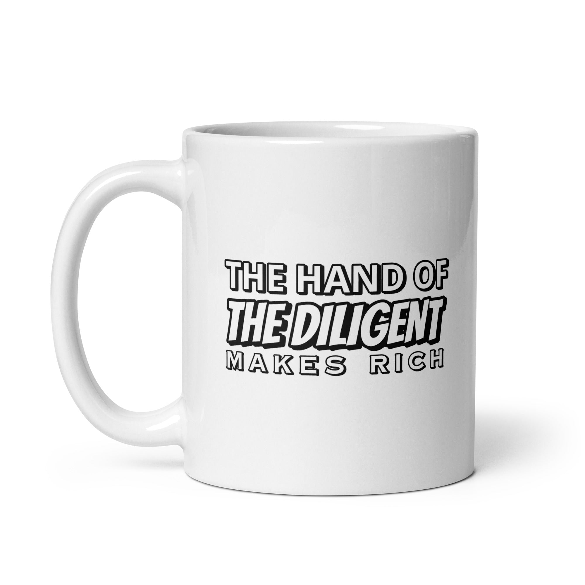 White Glossy Mug - Proverbs 10:4 "The Hand of the Diligent Makes Rich" 11 oz - Valiant Sheep Store